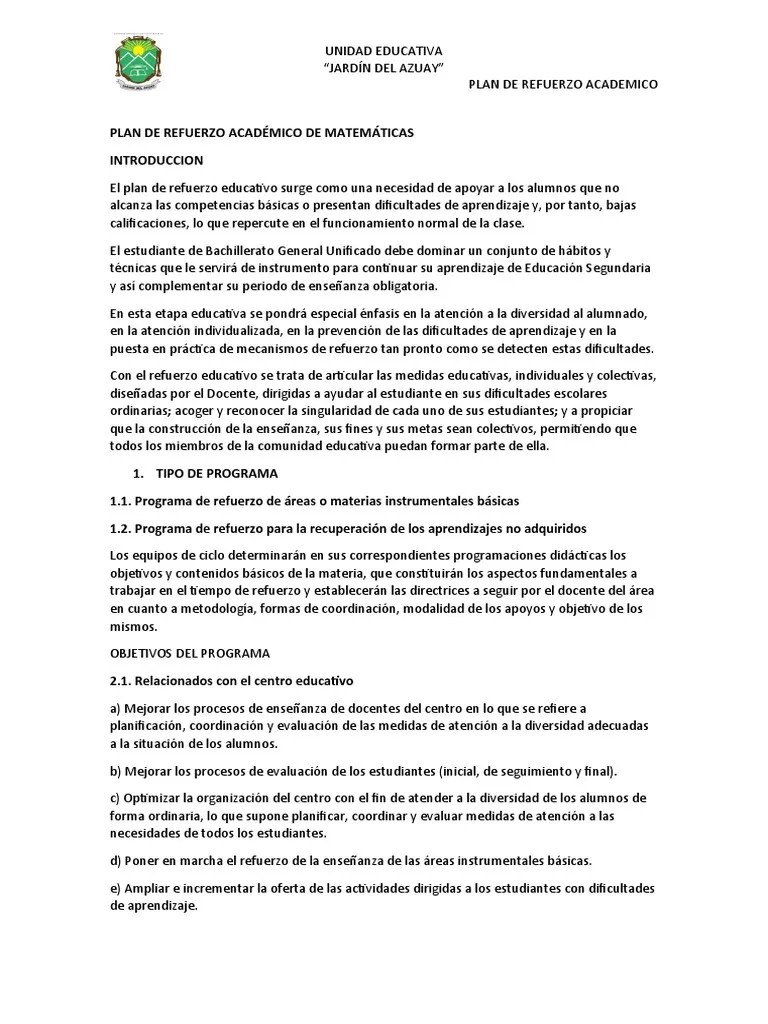 Plan De Refuerzo Académico De Matemáticas | PDF
