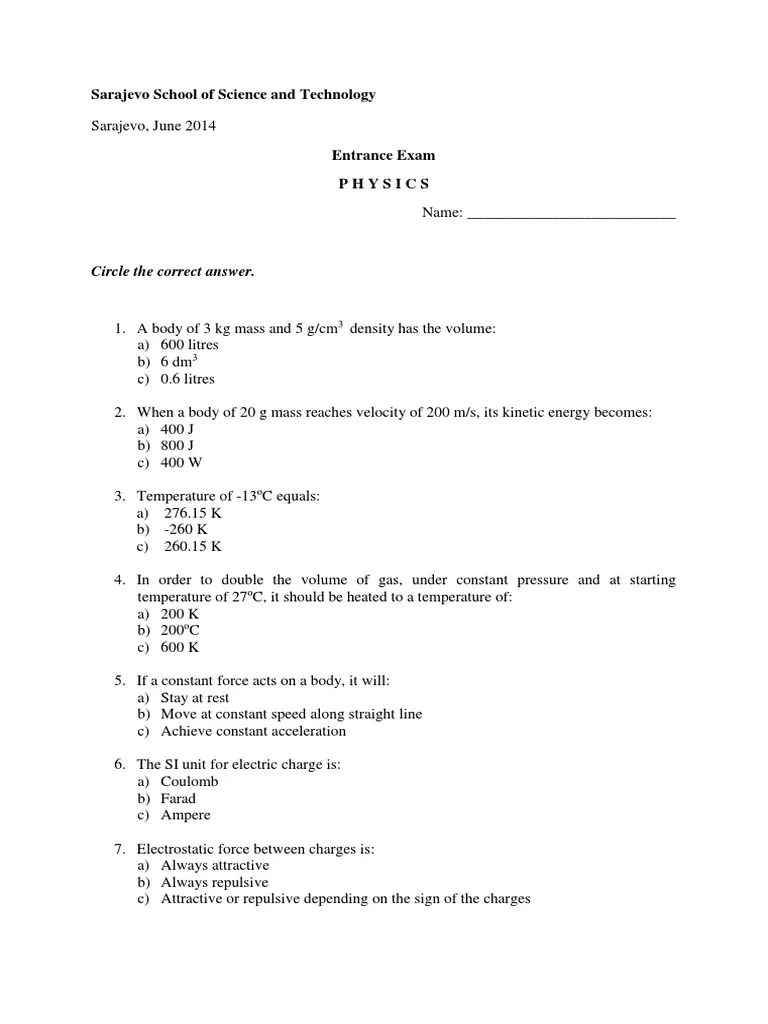 Physics Entrance Test 1 PDF | PDF | Electron | Gases