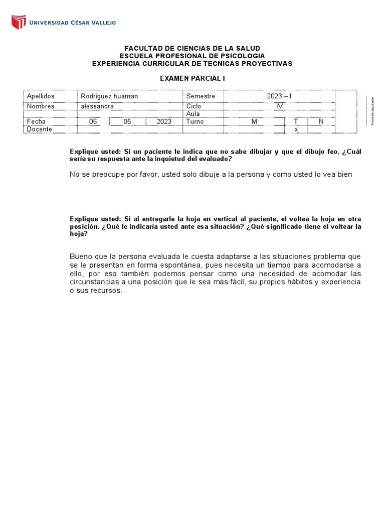 EXAMEN PARCIAL TECNICAS PROYECTIVAS 2023 Resuelto | Descargar Gratis PDF | Ciencia Cognitiva ...
