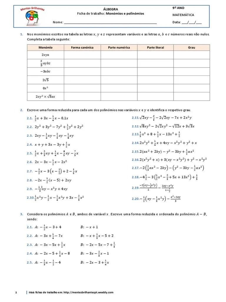 Algebra Monomios Polinomios | PDF | Matemática | Álgebra