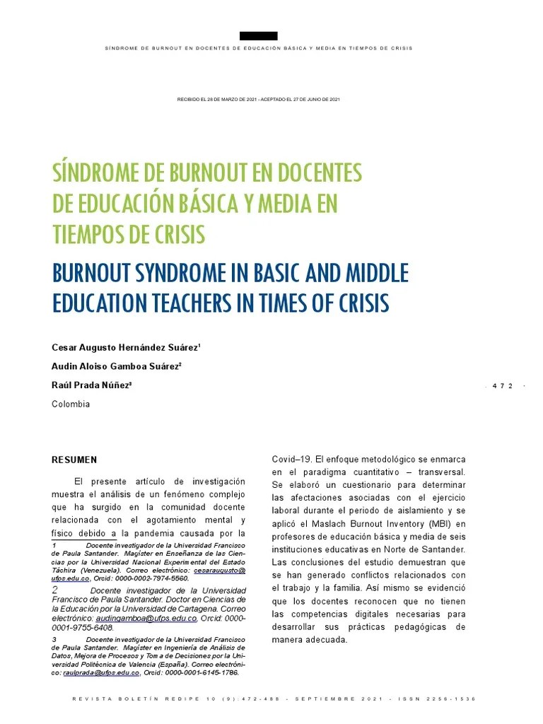 Síndrome De Burnout En Docentes De Educación Básica Y Media En Tiempos ...