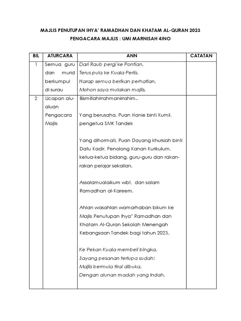 Teks Pengacara Majlis Penutup Dan Khatam | PDF