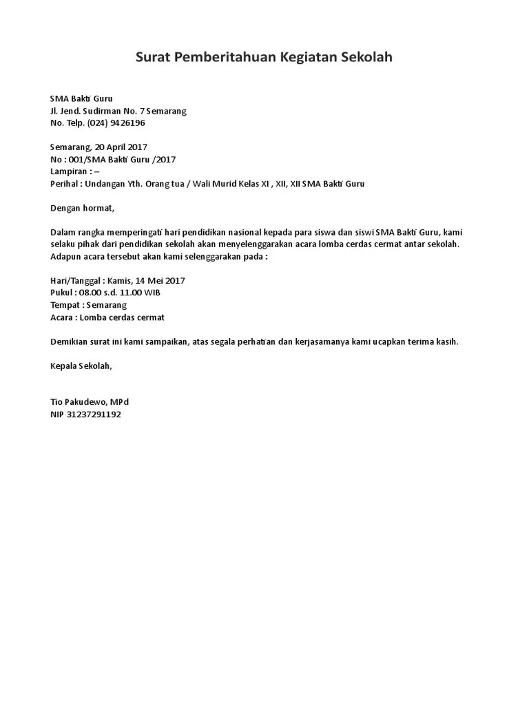 Surat Pemberitahuan Kegiatan Sekolah | PDF