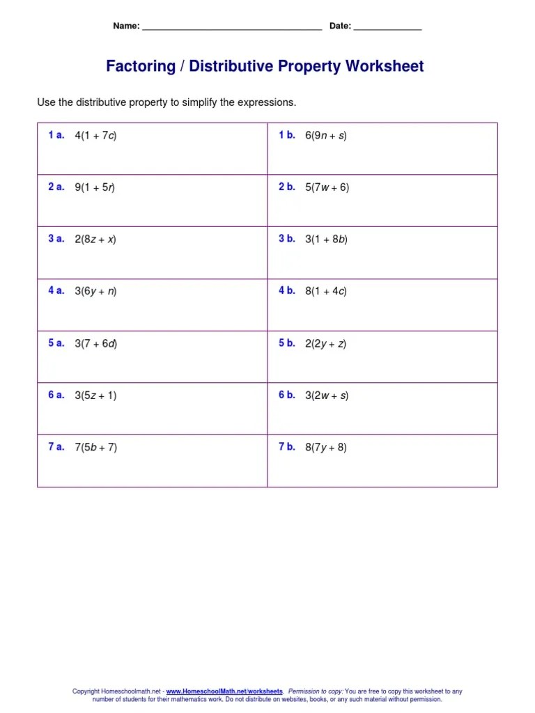 Factoring Distributive Property Worksheet | PDF