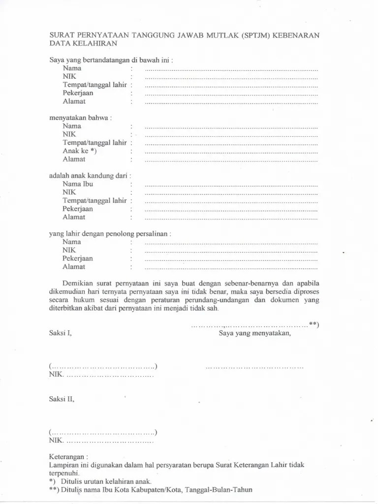 Surat Keterangan Kelahiran - SPTJM Data Kelahiran F-2.03 PDF | PDF
