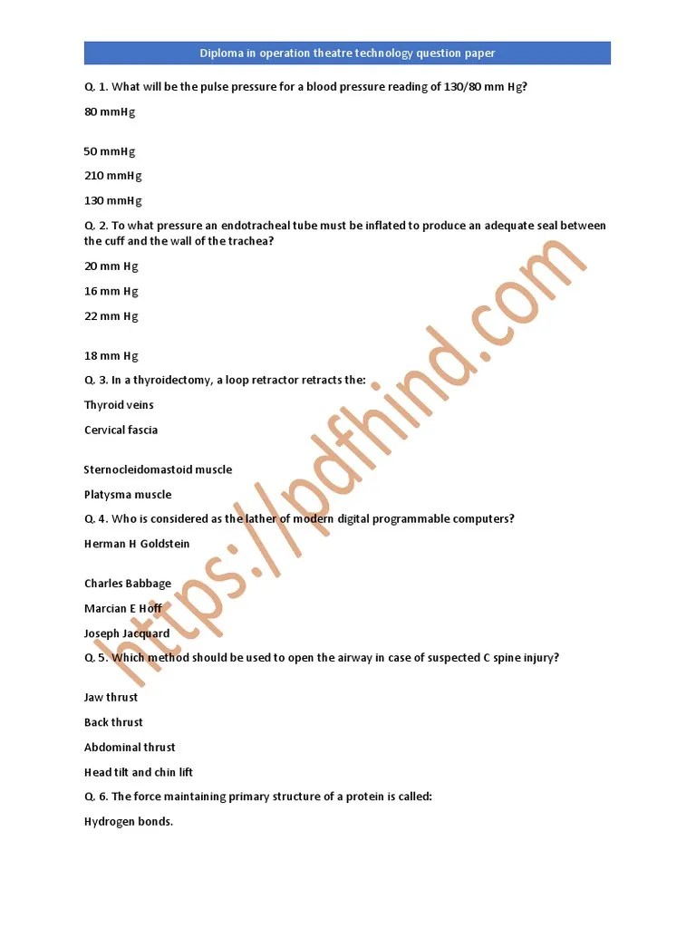 Diploma In Operation Theatre Technology Question Paper PDF | PDF