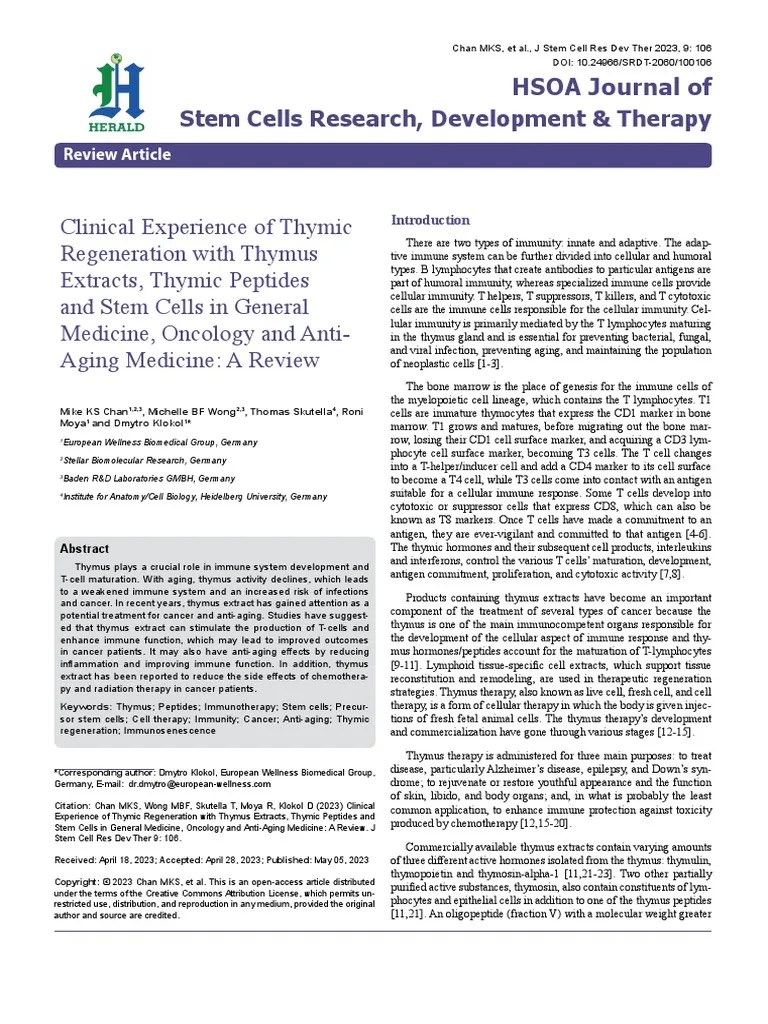 Clinical Experience Of Thymic Regeneration With Thymus Extracts, Thymic Peptides And Stem Cells ...
