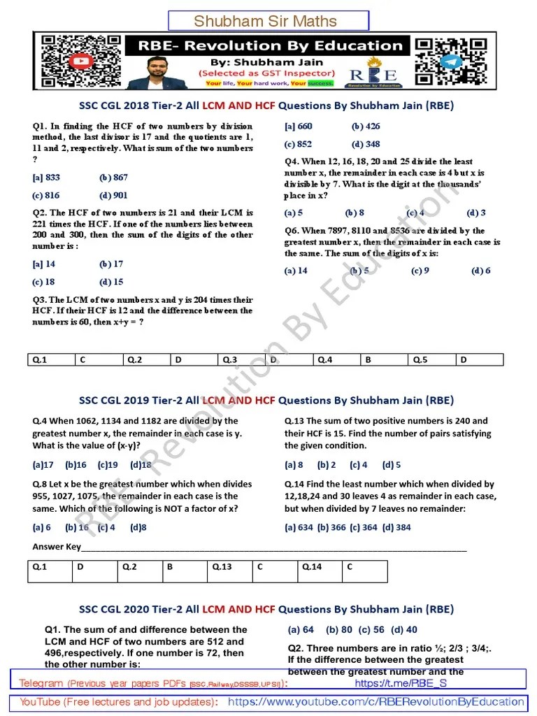 200 LCM And HCF Eng SSC CGL 2018 To 2021 Tier 1 Tier 2 By @LokiTheRobot ...