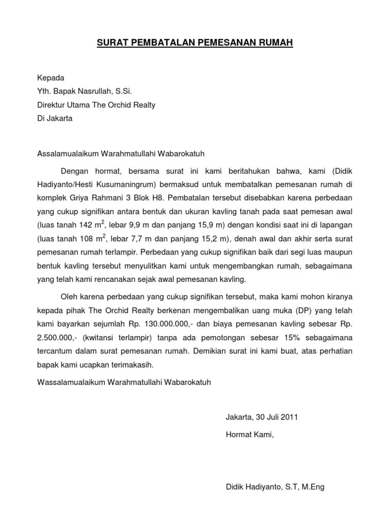Contoh surat pembatalan reservasi dalam bahasa inggris. Contoh Surat Rasmi Pembatalan Pembelian Rumah - Tracy Notes