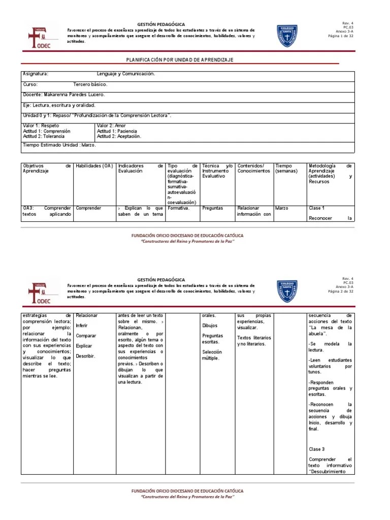 Lenguaje 3° Básico-Planificación Por Unidad De Aprendizaje | PDF | Aprendizaje | Evaluación