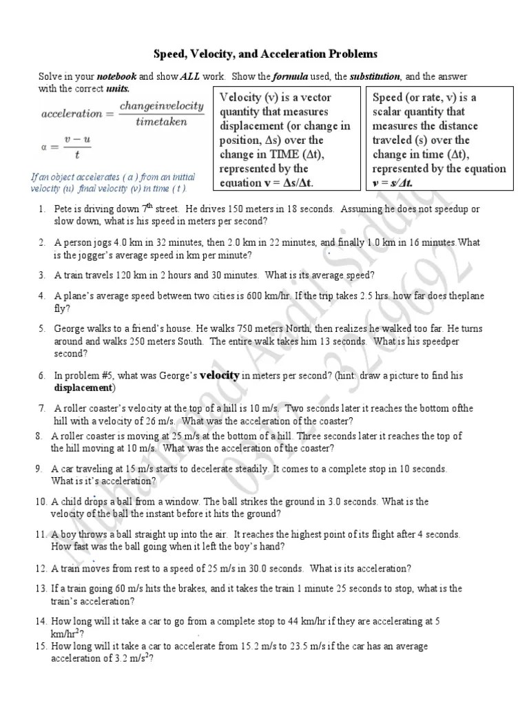 Speed,velocity, And Acceleration Problems | PDF