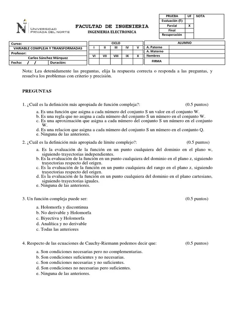 Examen Parcial VC 2023 | PDF | Integral | Análisis Complejo