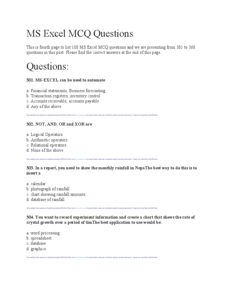 MS Excel MCQ Questions | Download Free PDF | Multiple Choice ...
