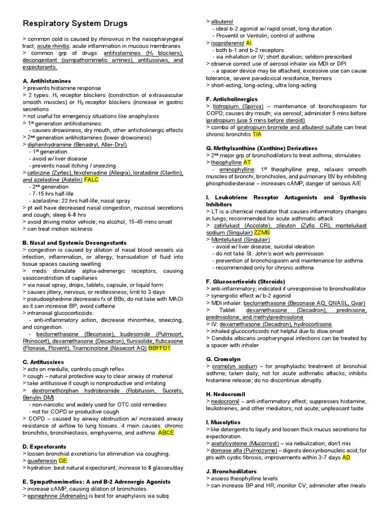 Pharmacology: Notes On Respiratory Drugs | PDF