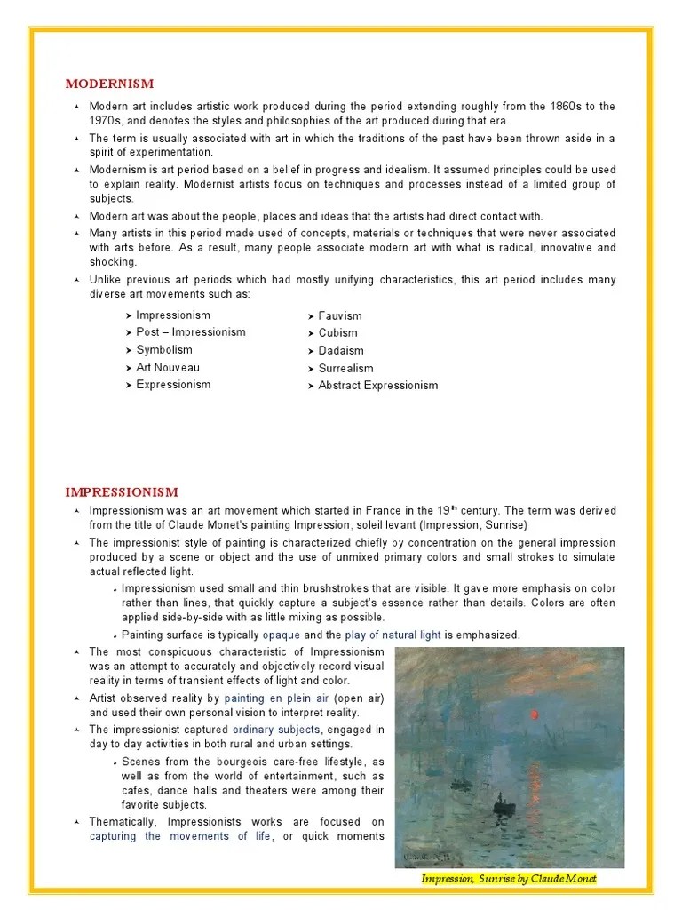 Chapter 2.3.3 History Of Visual Arts Modernism Post Modernism | PDF | Cubism | Impressionism