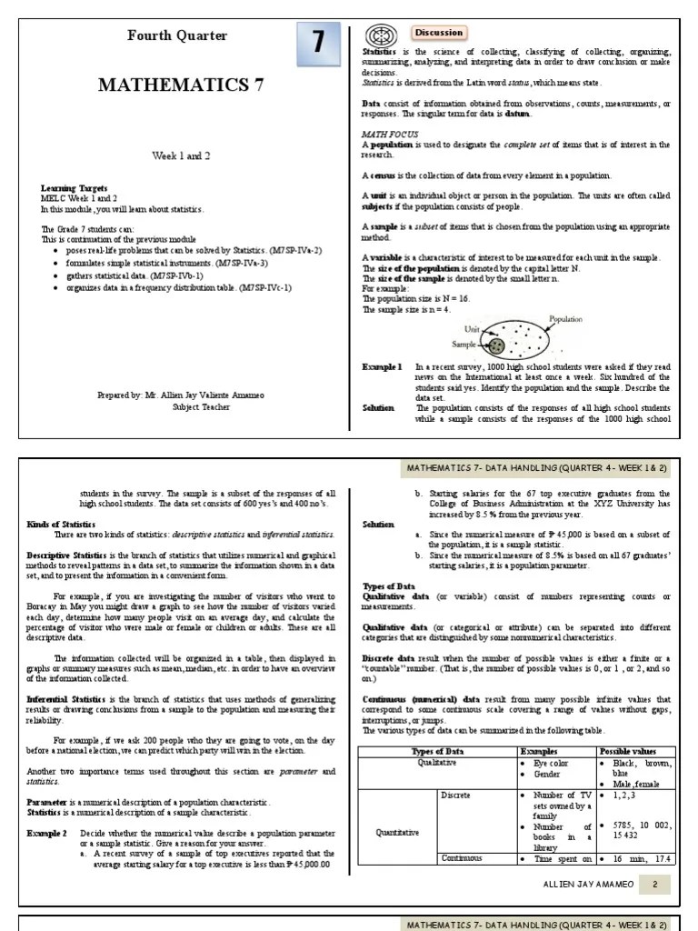 Q4 Week 1 And 2 Math 7 | PDF | Level Of Measurement | Statistics
