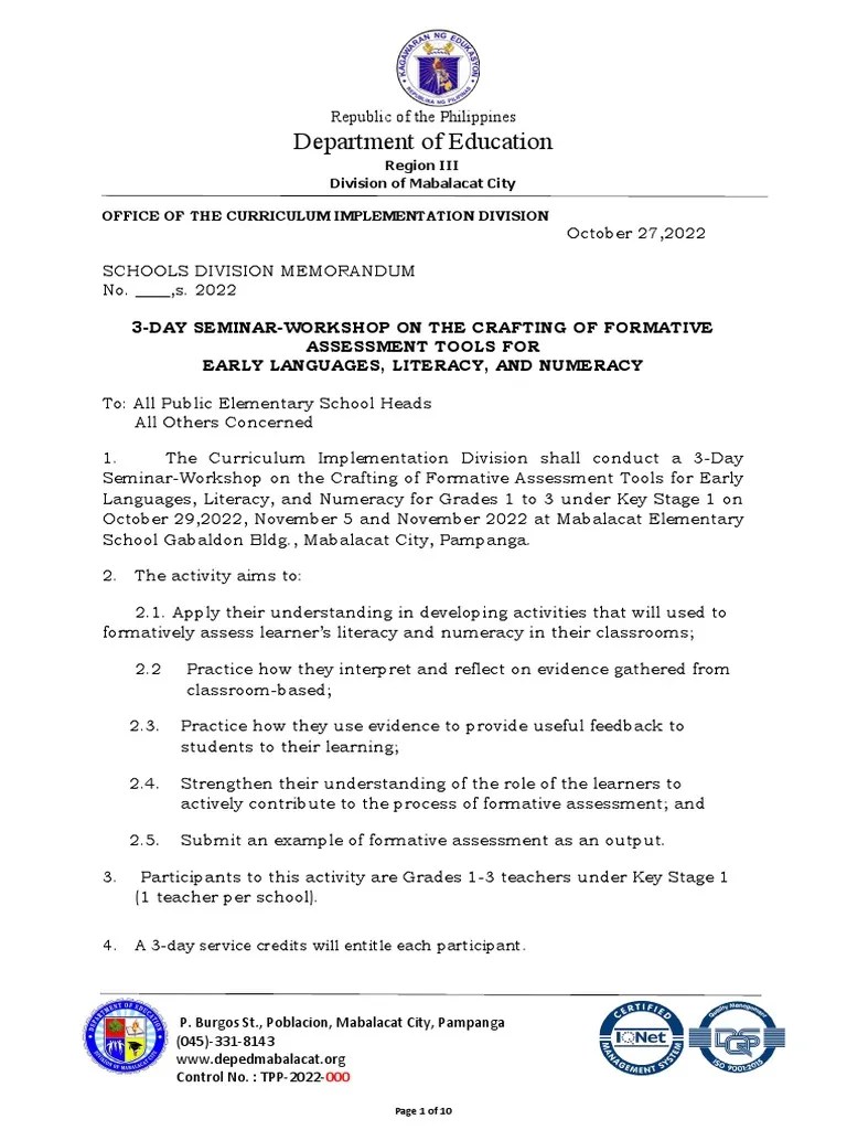 3 DAY SEMINAR WORKSHOP ON CRAFTING OF FORMATIVE ASSESSMENT FINAL COPYcx ...