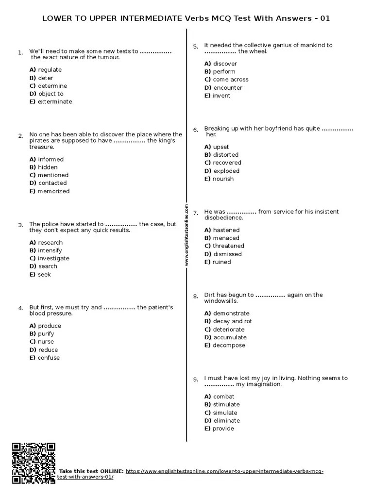 652 - Lower To Upper Intermediate Verbs MCQ Test With Answers 01 | PDF | Young Adult