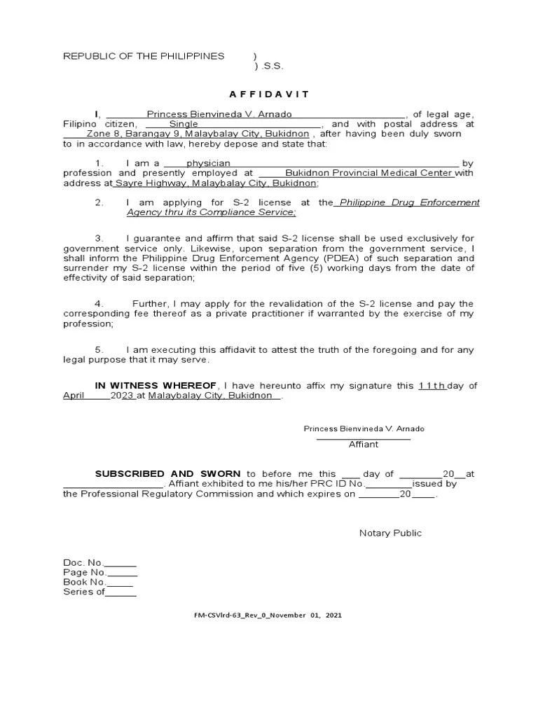 S2 Affidavit Pdea Format Pdf