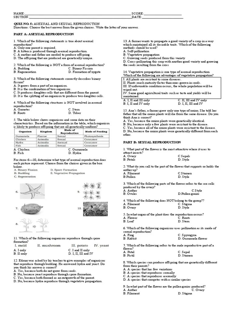 Asexual And Sexual Reproduction Quiz | PDF | Reproduction | Sexual ...