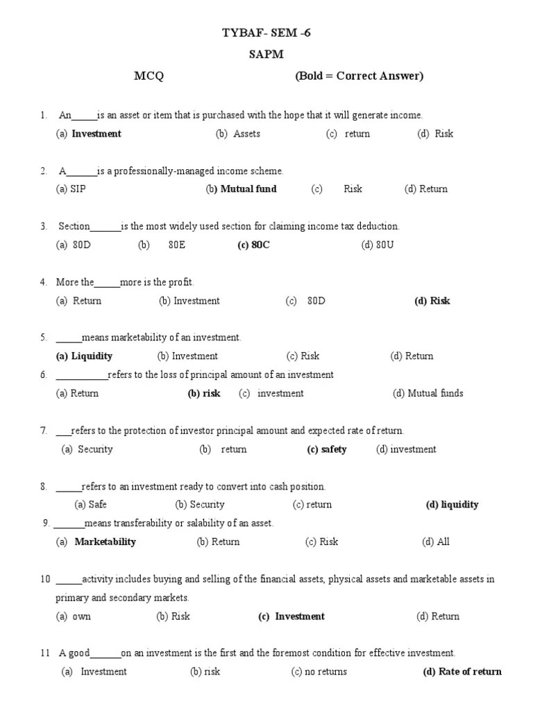 Tybaf Sem 6 Sapm Sample Questions | PDF | Capital Asset Pricing Model ...