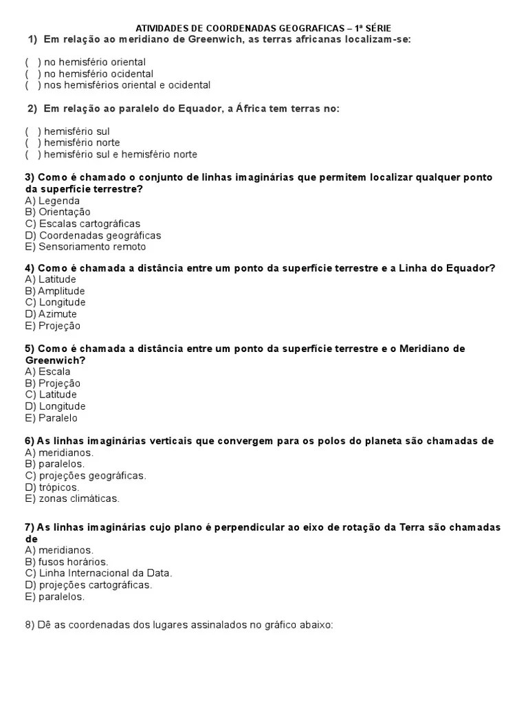 Atividades De Coordenadas Geograficas - 1 Série - Professor | PDF
