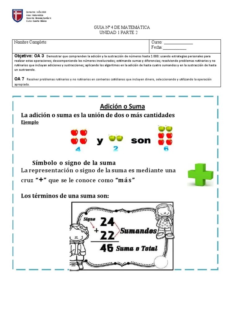 Guia 4 Unidad 1, SUMAS Y RESTAS PARTE 2 2023 4°A B 19-05 (2) | PDF ...