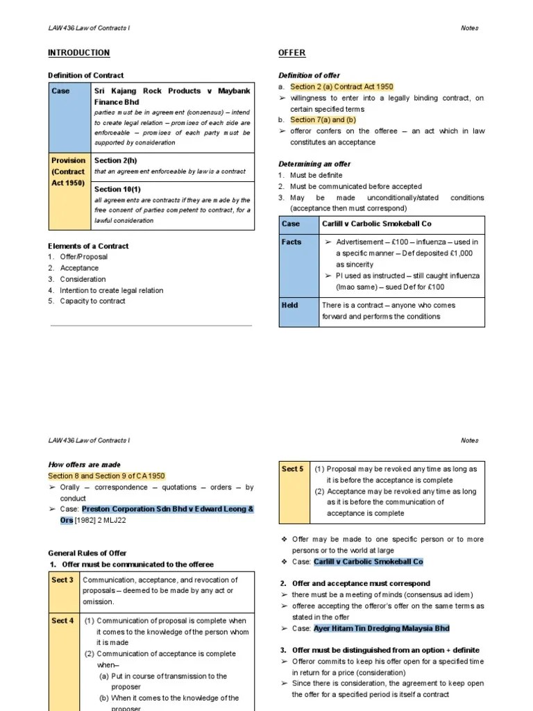 Contracts LAW436 Notes | PDF | Offer And Acceptance | Consideration