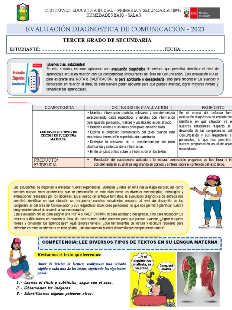 EVALUACIÓN DIAGNÓSTICA De COMUNICACIÓN 3° | PDF | Evaluación | Alimentos