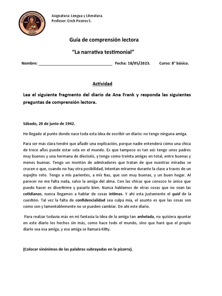 Guía De Comprensión Lectora (La Narrativa Testimonial) | PDF