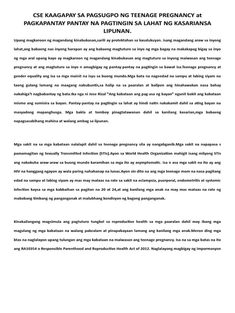 CSE KAAGAPAY SA PAGSUGPO NG TEENAGE PREGNANCY At PAGKAPANTAY PANTAY NA ...