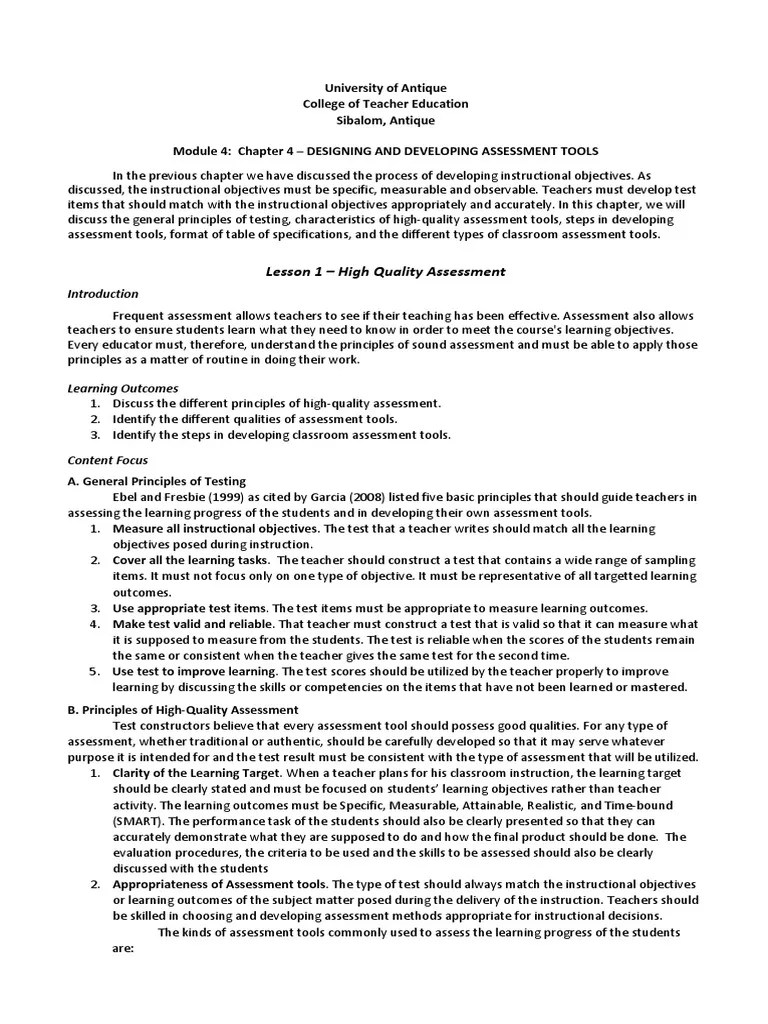 Module 4 CHAPTER 4 DESIGNING AND DEVELOPING ASSESSMENT TOOLS | PDF ...