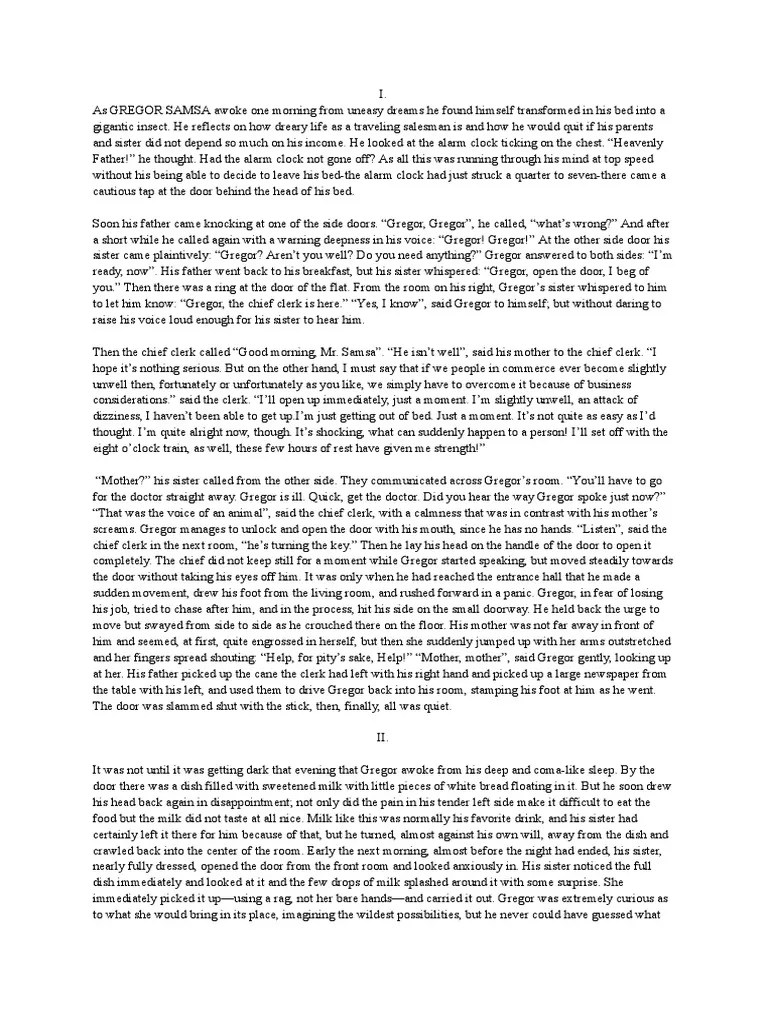 Franz Kafka's Metamorphosis (Plot Summarization And Shortened Version) | PDF