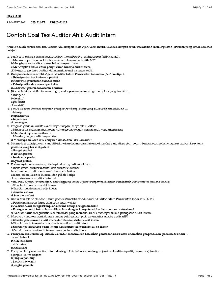Contoh Soal Tes Auditor Ahli: Audit Intern | PDF