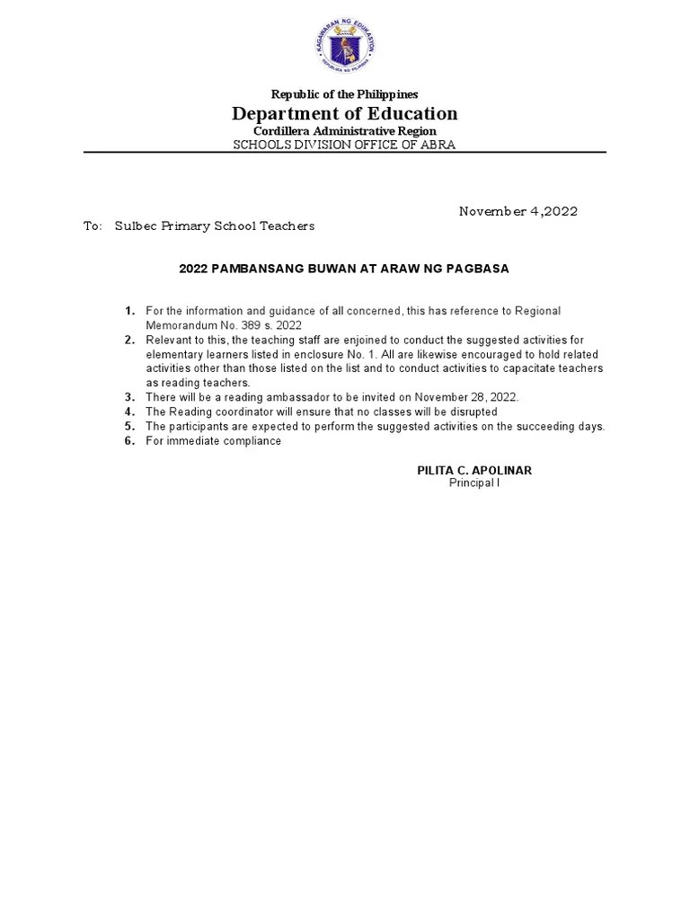 Memorandum 2022 Pambansang Buwan At Araw NG Pagbasa | PDF