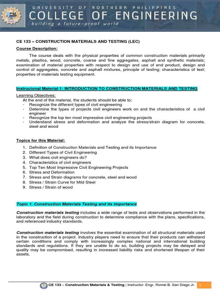Week 1 Introduction To Construction Materials And Testing | PDF