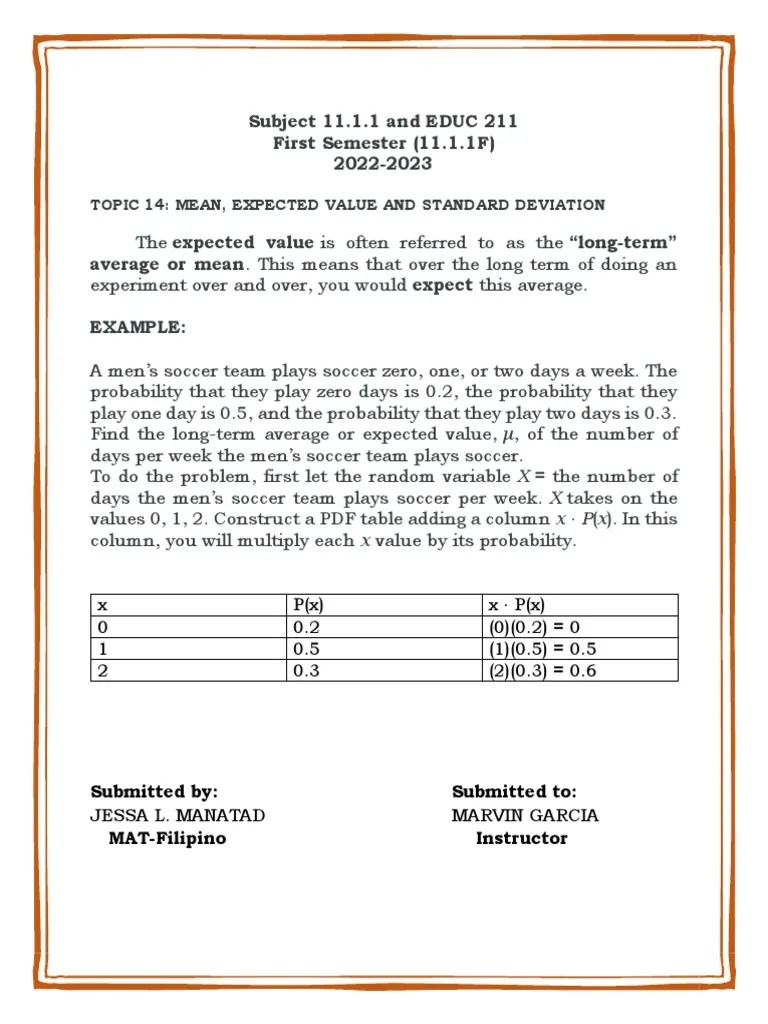 Topic 14 Mean, Expected Value And Standard Deviation | PDF | Teaching ...
