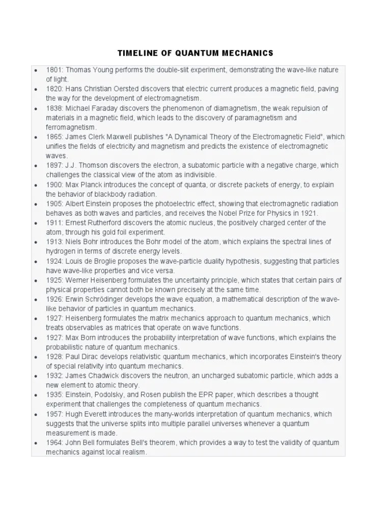 Timeline Of Quantum Mechanics Mancia | PDF | Quantum Mechanics | Atoms