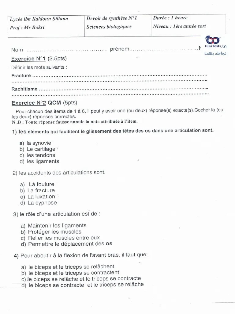 Devoir - De - Synthese - N1-1ere - Annee Secondaire-Sciences - SVT-1er Sport-M.bokri - Lycee Ibn ...