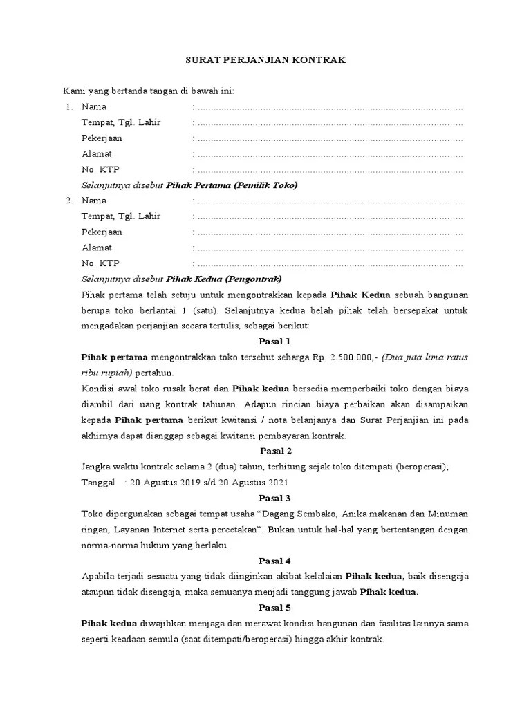 Contoh Surat Perjanjian Kontrak Toko | PDF