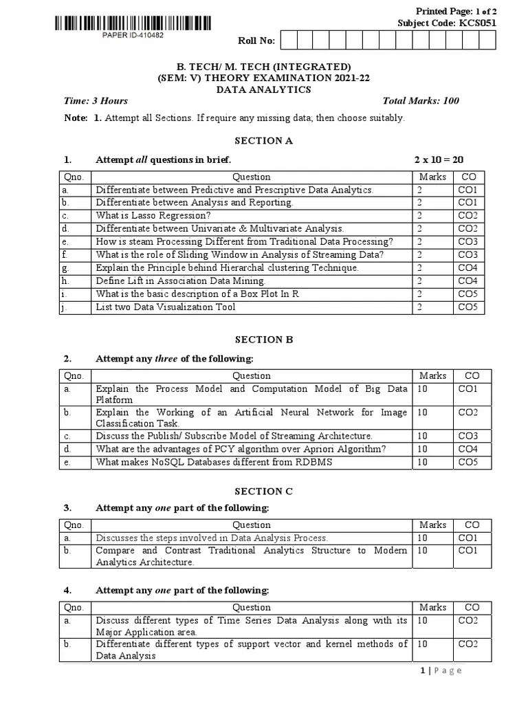 Btech Cs 5 Sem Data Analytics Kcs051 2022 | PDF | Analytics | Cluster ...