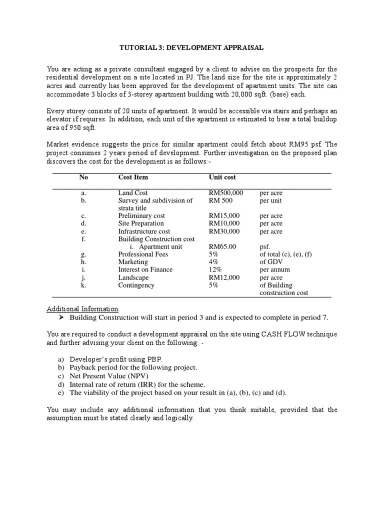 Tutorial 3 Development Appraisal | PDF | Net Present Value | Internal Rate Of Return
