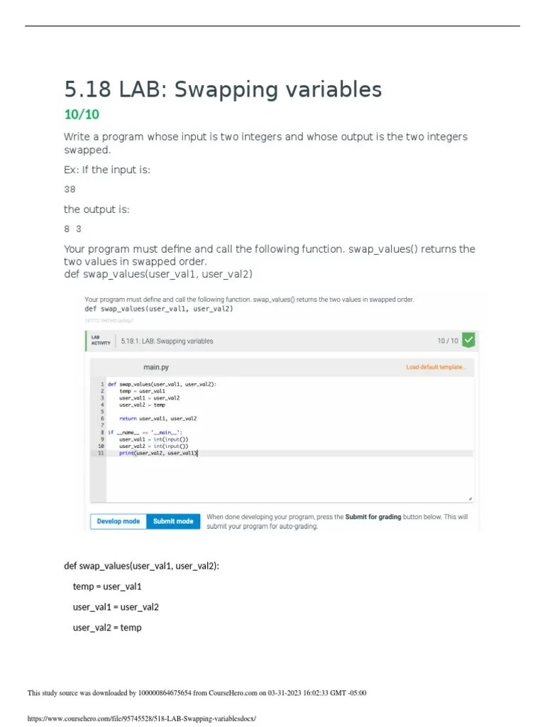 5.18 LAB Swapping Variables | PDF