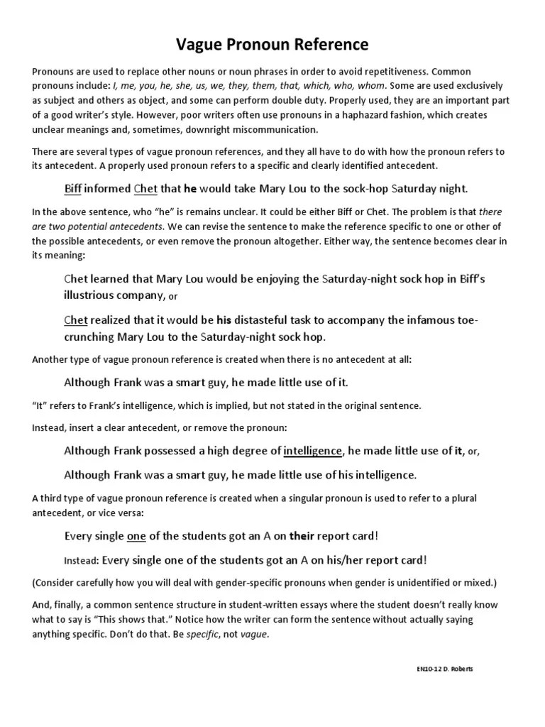 Vague Pronoun Reference | PDF | Pronoun | Morphology
