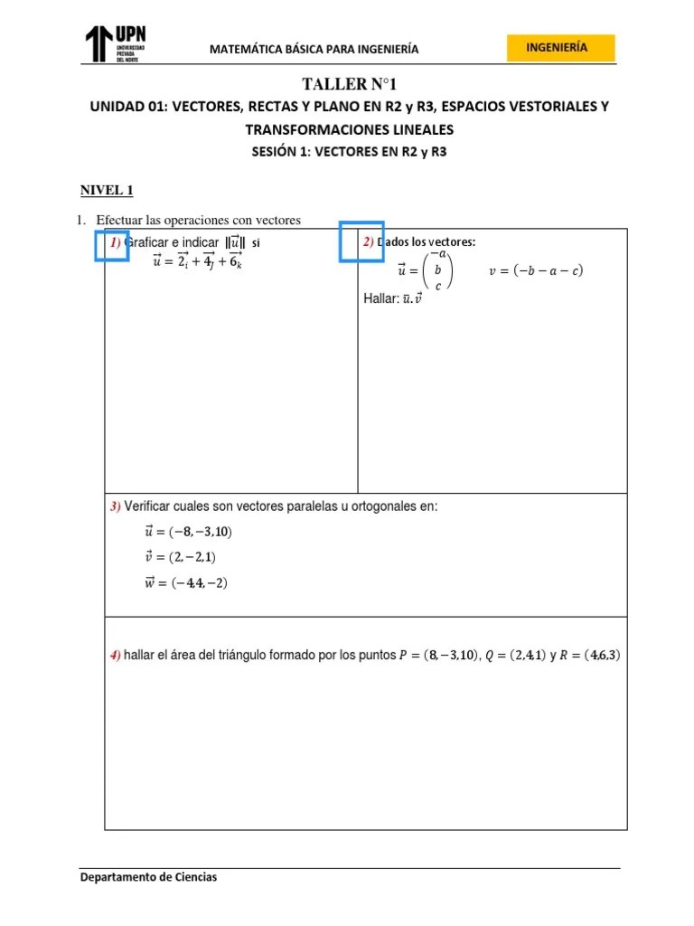 Taller De Clase Semana 01 PDF | PDF | Vector Euclidiano | Álgebra Lineal