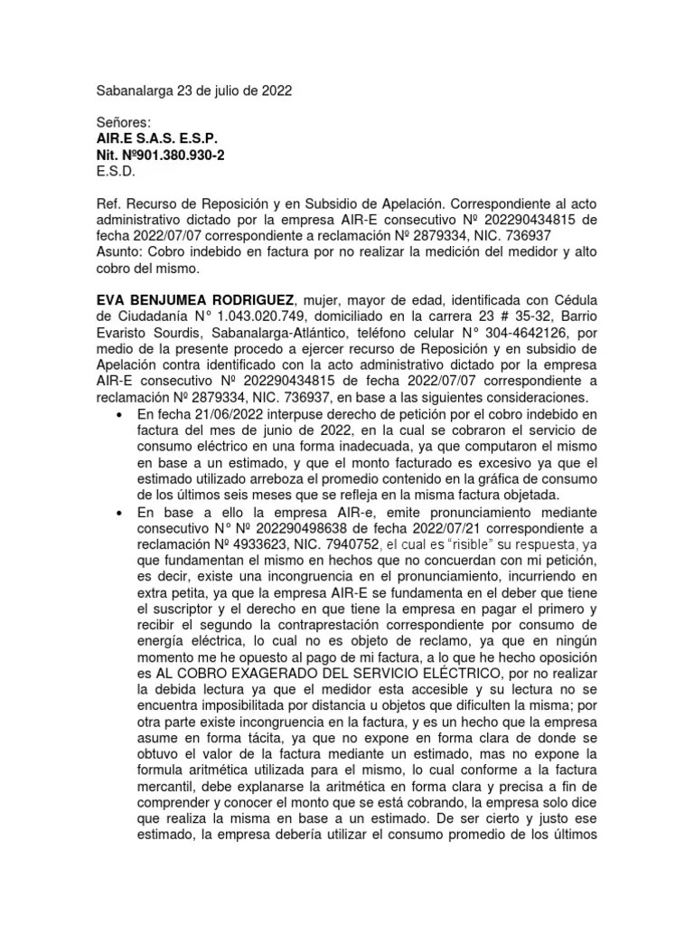 Recurso De Reposición Y En Subsidio De Apelación Aire EVA BENJUMEA RODRIGUEZ | PDF