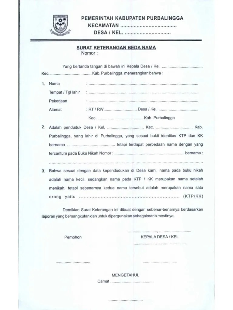 Surat Keterangan Beda Nama | PDF
