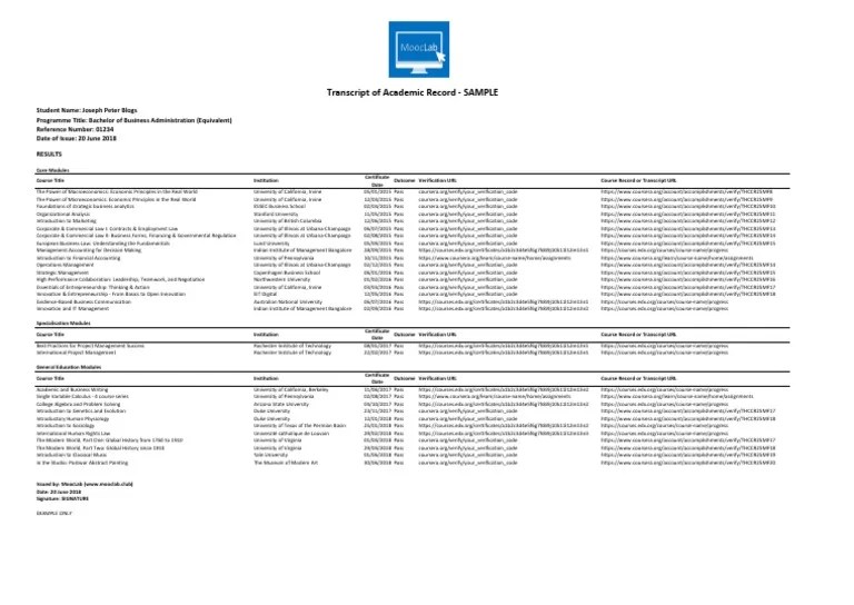 Transcript Of Academic Record - SAMPLE | PDF | Economics | Entrepreneurship