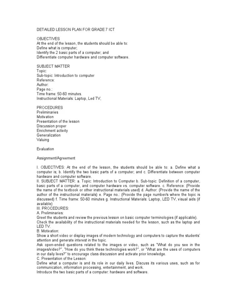 Detailed Lesson Plan For Grade 7 Ict | PDF