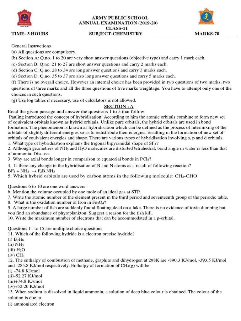 Annual Exam - Class 11 - Chemistry Question Paper | PDF | Hydrogen ...